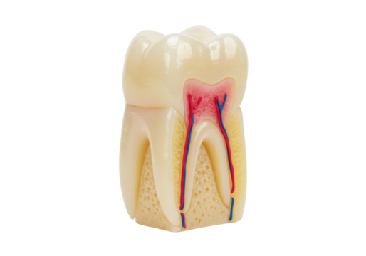 Isolated molar tooth section model showing the pulp chamber, canals, enamel and root system - Powered by Adobe