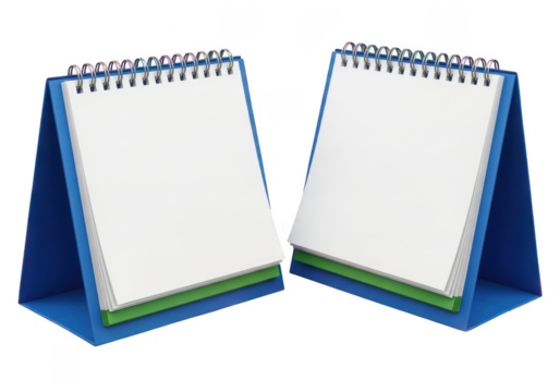 Two blank spiral bound desk notepads with blue stands isolated on transparent background