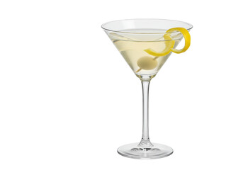 Isolated Martini cocktail with lemon twist garnish and olive, elegant drink at bar scene