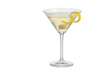 Isolated Martini cocktail with lemon twist garnish and olive, elegant drink at bar scene