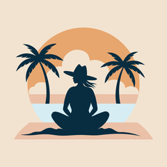 Cowgirl Sitting Beside Palm Tree Line Silhouette