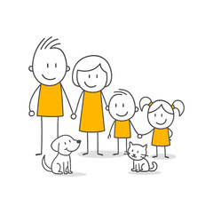 A Warm And Happy Family Portrait Of A Mother, Father, And Two Children With Their Pets.