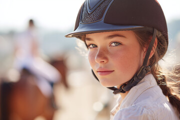 Sunlit close-up portrait of a young equestrian girl wearing a riding helmet, freckles and determined gaze as she prepares for horseback riding