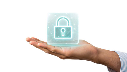 Hand holding security button, symbolizing the concept of idea and solution of cyber security
