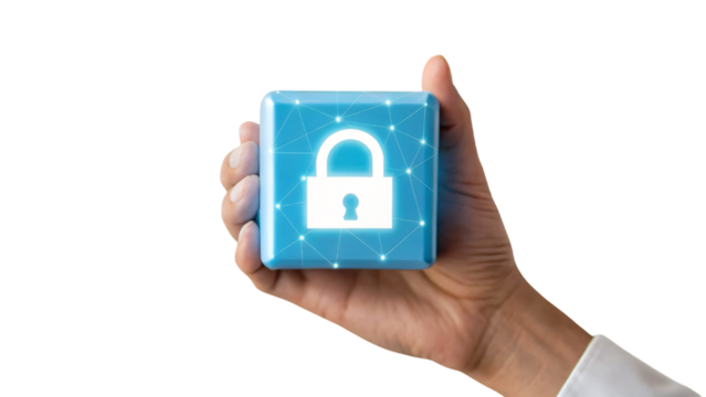 Hand holding security button, symbolizing the concept of idea and solution of cyber security