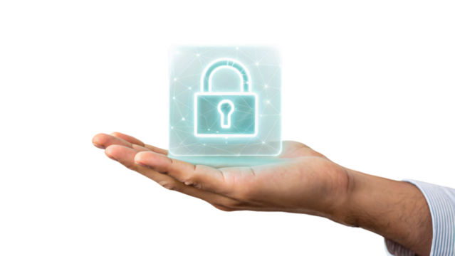 Hand holding security button, symbolizing the concept of idea and solution of cyber security