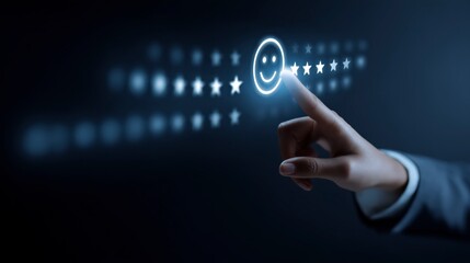 Customer Satisfaction: A digital touch interface allows for the selection of perfect customer service, with each star representing excellence. a simple touch represents satisfaction. 