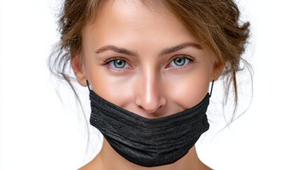 A woman is wearing a black face mask. She is smiling and looking at the camera. Concept of humor and lightheartedness, as the woman is not taking the mask too seriously