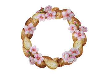 Watercolor round frame with almonds and almond blossoms. For your design