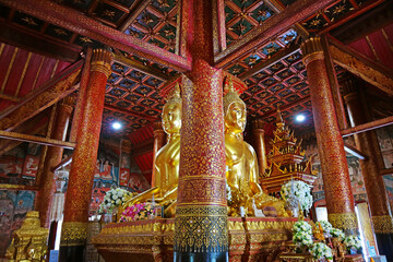 Fantastic Gilded Four-sided Seated Buddha Images of Wat Phumin Temple, a Famous Buddhist Temple in Nan Province, Northern Thailand