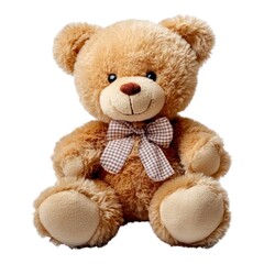Obraz premium Adorable soft brown teddy bear with plaid bow perfect for nursery decor and gifts white background