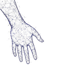 Wireframe human hand structure with blue and white geometric connections on black background network