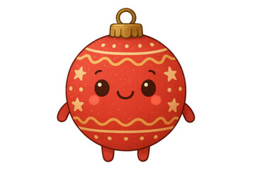 Cute red christmas bauble character smiling, festive holiday ornament with stars and waves decoration, transparent background