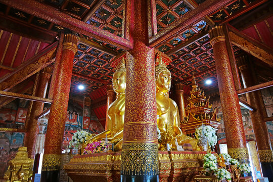 Fantastic Gilded Four-sided Seated Buddha Images of Wat Phumin Temple, a Famous Buddhist Temple in Nan Province, Northern Thailand