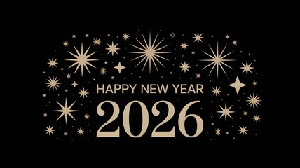 Happy new year 2026 text with sparkling fireworks and starbursts on a black background, symbolizing a bright and hopeful start to the year