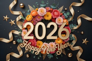 Happy new year 2026 greeting with floral wreath and festive ribbons