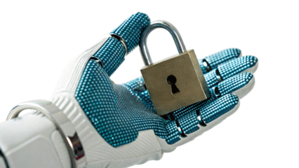 Solid steel padlock symbolize metal security and protection on robotic hand on a white isolated background