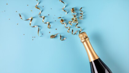 Champagne bottle with party streamers on bright blue background. Party concept