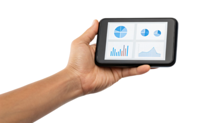 Hand holds a digital tablet with a data on screen, showcasing mobile technology for business communication