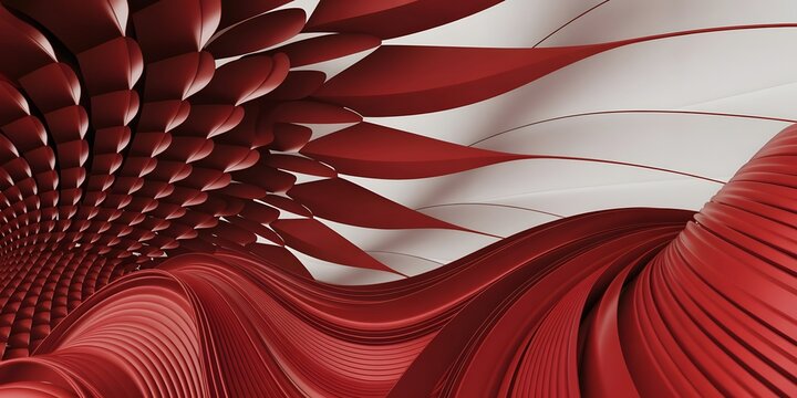 Abstract red and white flowing organic shapes with intricate texture and undulating form