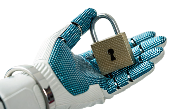 Solid steel padlock symbolize metal security and protection on robotic hand on a white isolated background - Powered by Adobe