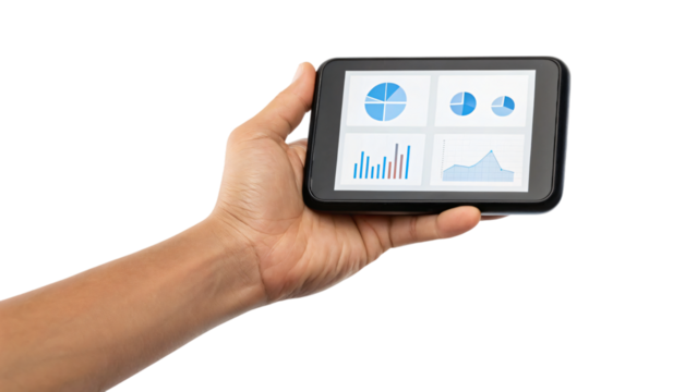 Hand holds a digital tablet with a data on screen, showcasing mobile technology for business communication - Powered by Adobe