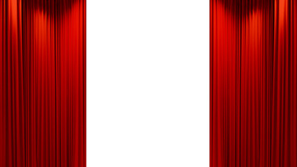 Open red Straight even velvet curtains, red smooth stage of a movie theater or stage, isolated on transparent background