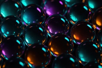 Glowing Spheres In Dark Grid. A cluster of glossy spheres reflects deep blue light, forming a striking geometric pattern with smooth surfaces and vivid highlights.