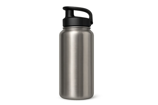 Stainless steel insulated water bottle on transparent background, promoting sustainable hydration practices