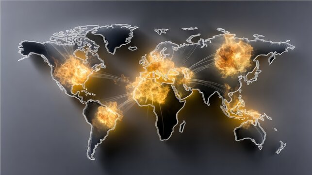 A world map with fire coming out of it. The fire is coming out of the map in different places