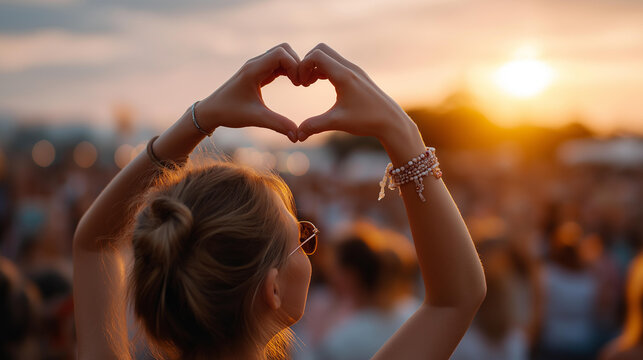 Cheering youth at a sunset beach fest with heart hands, festive gatherings on coastal shores, joyful moments in music joy, celebration vibes with sunset glow, event highlights in f