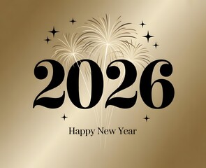Happy new year 2026 text with fireworks and stars on a golden gradient background, festive celebration