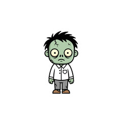Spooky cartoon zombie character illustration, cute undead monster with green skin and cracked head, isolated