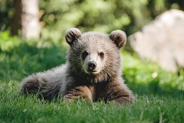 Obraz premium Adorable wild bear relaxing in grass high resolution picture