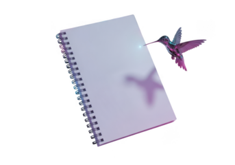 Spiral bound notebook with a delicate origami hummingbird and its shadow isolated on transparent background