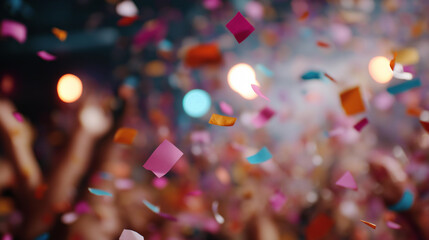 Dynamic dance scene with confetti and lights, festive gatherings in club settings, joyful moments in celebratory moves, celebration vibes with colorful falls, event highlights in p