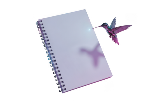 Spiral bound notebook with a delicate origami hummingbird and its shadow isolated on transparent background