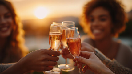Multiracial ladies toasting champagne at a sunset hen party, festive gatherings in bachelorette events, joyful moments in evening cheers, celebration vibes with sunset glow, event