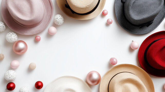Festive hats on a white backdrop, festive gatherings in hat displays, joyful moments in accessory prep, celebration vibes with isolated decor, event highlights in party accessories