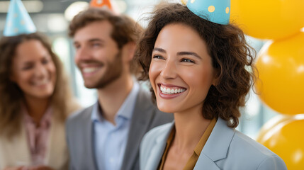 Office team enjoying a lively corporate milestone party, festive gatherings in workplace settings, joyful moments in team success, celebration vibes with office cheer, event highli