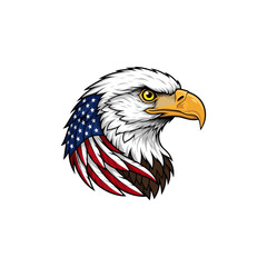 Proud bald eagle head illustration, majestic American flag design, patriotic national symbol, detailed vector artwork