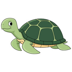 Smiling cartoon turtle illustration, a cute and friendly aquatic reptile with a vibrant green shell, isolated on white background