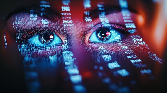 Enigmatic Woman Gazing Through Digital Database Network Interface with Futuristic Data Streams.