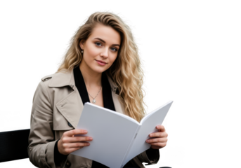 Young woman with blonde curly hair reading an open book isolated on transparent background