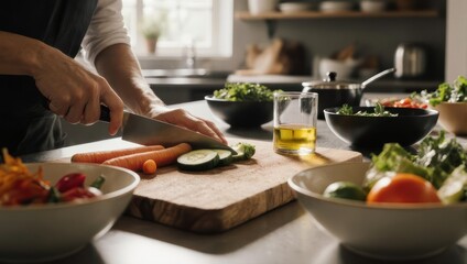 A person in kitchen preparing fresh ingredients on a wooden cutting board