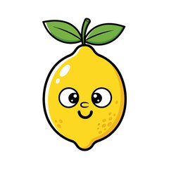 Cute cartoon lemon character illustration, happy smiling citrus fruit with green leaves, fresh and sweet.
