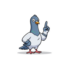 Cute cartoon pigeon character pointing finger up, expressing an idea or giving a warning