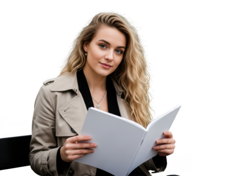 Young woman with blonde curly hair reading an open book isolated on transparent background