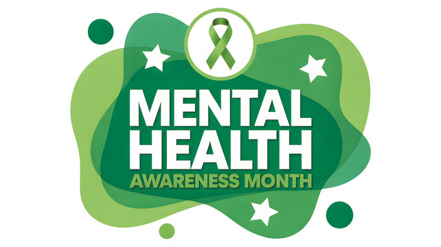 Mental health awareness month green ribbon symbol and abstract shapes promoting well being and support isolated on transparent background