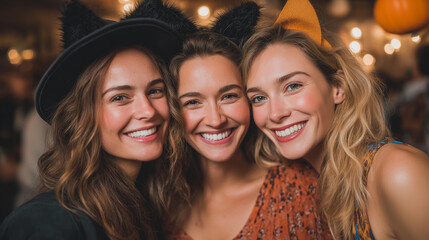 Obraz premium Women with cat ears at a Halloween fest, festive gatherings in costume parties, joyful moments in holiday spirit, celebration vibes with playful decor, event highlights in Hallowee